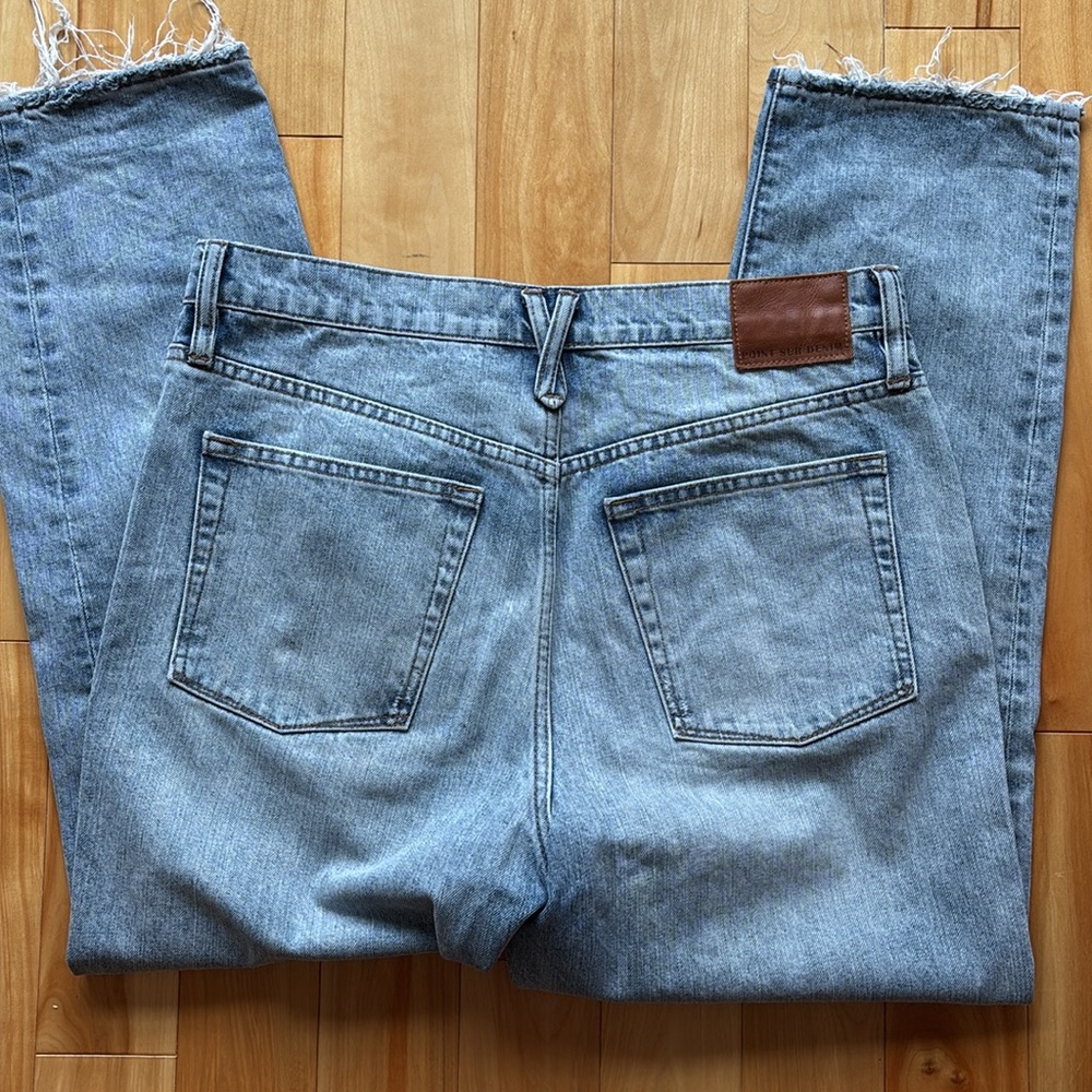 J Crew point sur distressed button fly light wash denim straight leg jeans